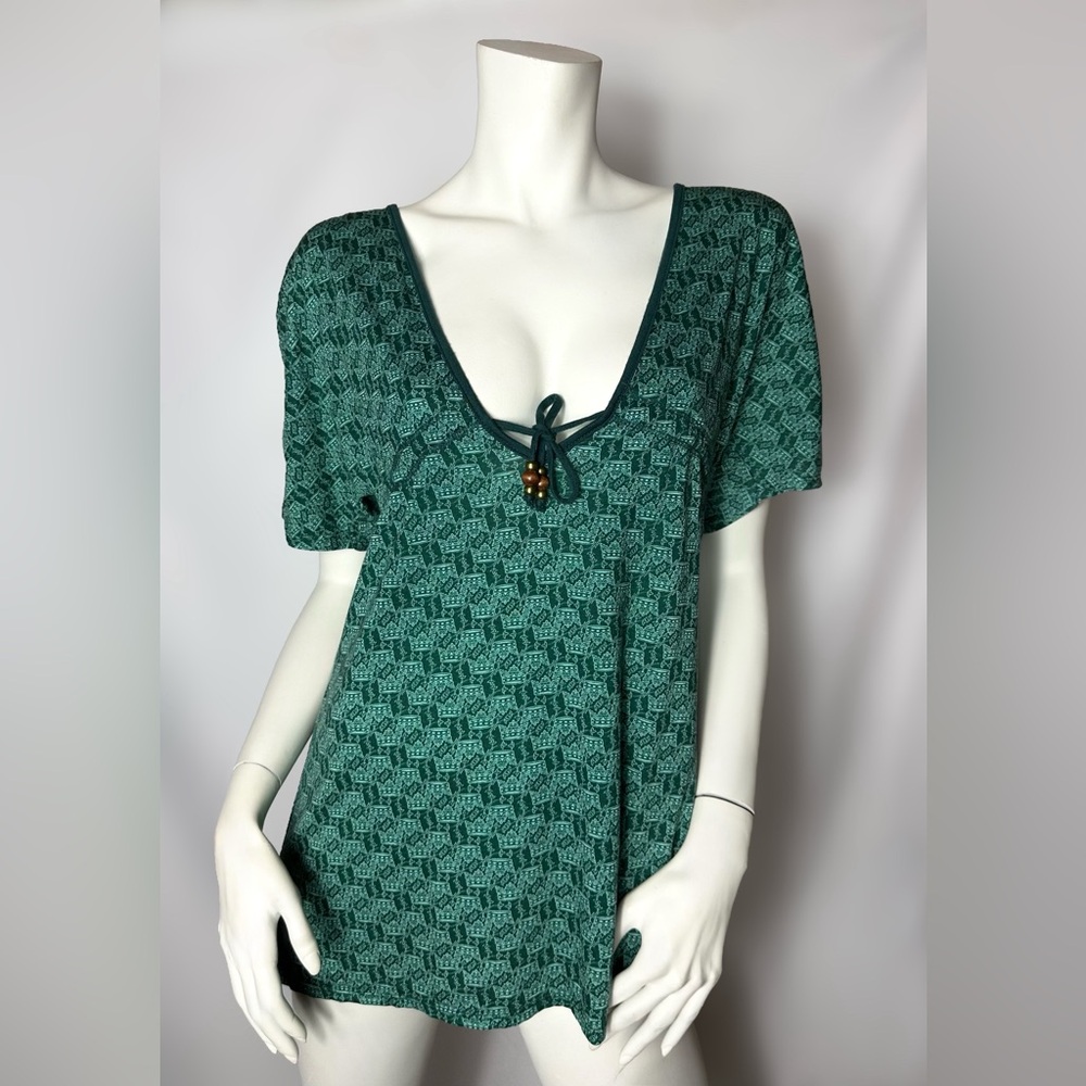 Postella Green Crowns Patterned Tie Front Top